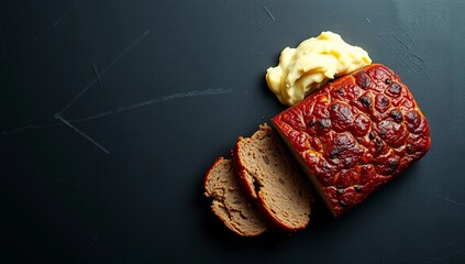 premium gourmet dinner flat lay meatloaf mashed potatoes dark background copy space restaurant style  
