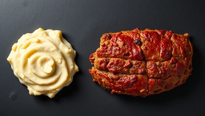dark background premium flat lay meatloaf mashed potatoes copy space restaurant style gourmet dinner  
