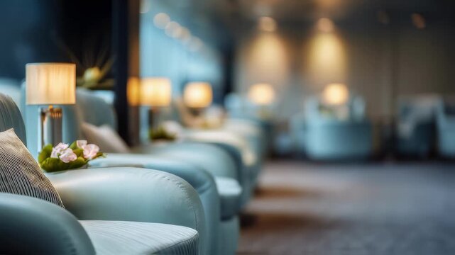 Elegant airport lounge spa area with plush seating and blurred background highlighting a serene setting for luxurious preflight relaxation.