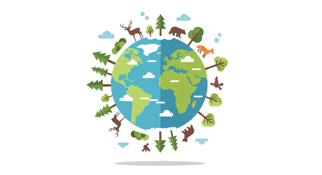 Flat design showing earth globe with small forests and wildlife icons around.