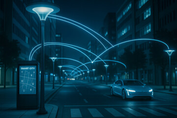 Futuristic smart city street at night with glowing neon light trails connecting intelligent street lamps and self driving electric car, modern IoT network and digital infrastructure technology concept