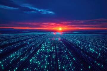 Digital landscape with glowing blue data streams under a dramatic sunset, symbolizing technological connectivity and vast information flow.