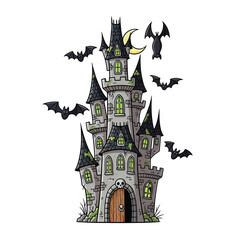 Spooky haunted castle with bats flying around isolated on white background