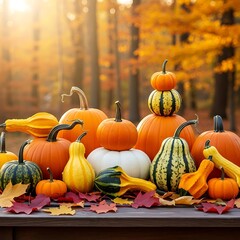 Autumn Pumpkins and Gourds on Wooden Table.
