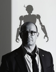 A serious man with eyeglasses standing in front of a projected robot silhouette, concept of technology, AI, machine, futurism