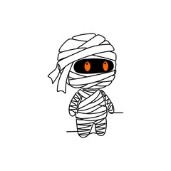 Outline of the profile of a chibi mummy in one line. Cute Halloween illustration. Funny monster
