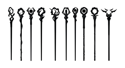 Collection of Ornate Magic Wands and Staffs in Black and White Illustration © Lhvect02