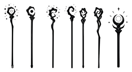 Collection of magical wands and staffs with glowing orbs in black and white