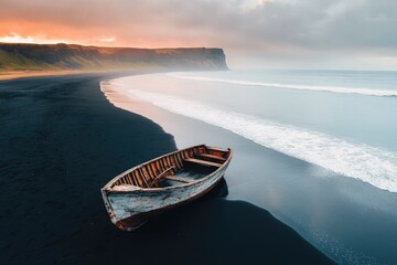 Weathered boat on a vast black sand beach, waves lapping, with a distant cliff and dramatic cloudy sky overhead.