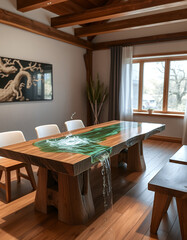 A beautifully designed dining table made of wood, with an artistic water-like resin detail. The table is set in a room with wooden accents, including beams, flooring and window frames