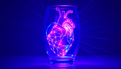 A striking glass with glowing heart symbol against dark background, highlighting a sense of medical technology and health