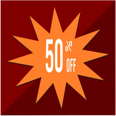 50 percent discount tag, two-tone red base, orange star with black eyeshadow and white letters inside the star.