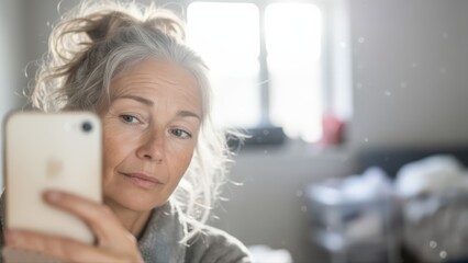 Reflective Moment: Mature Woman Taking a Selfie Expressive in Natural Light
