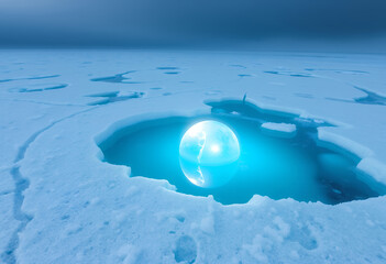 An ethereal glowing orb suspended within the icy expanse, creating a surreal scene of cold beauty and mystery. The glowing sphere is a beacon of energy amid a frozen landscape