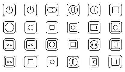 Flat outline pack of electric outlet and socket icons with power switches, plugs, and connectors for energy infrastructure