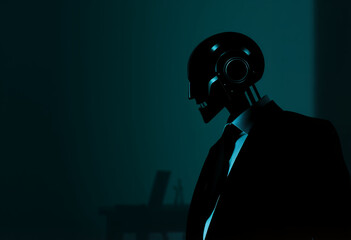 A futuristic android, its metallic form clad in a sharp suit, contemplates in a moody, teal environment
