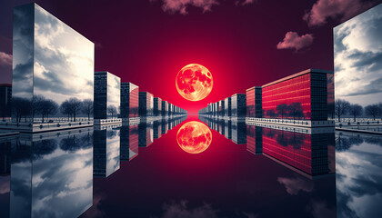 A stunning visual of a modern cityscape with reflection, featuring mirrored buildings and a vibrant red sky with a full moon reflected in the water