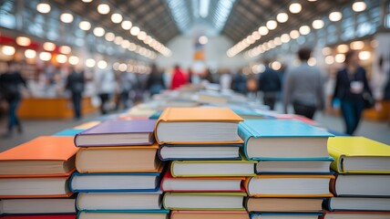 A stack of colorful books is displayed at a busy indoor book fair or exhibition with people in the background.