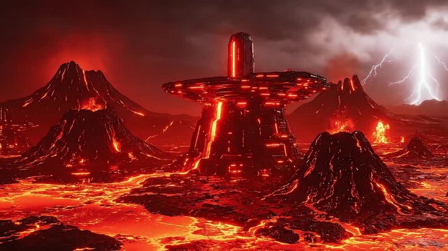 Futuristic alien structure erupts amidst volcanic hellscape with molten lava flows and lightning strikes