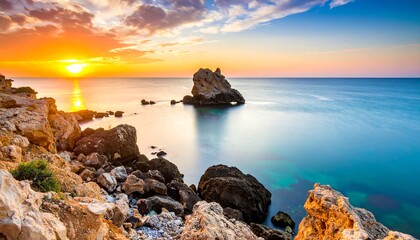 Dramatic sunrise over rocky coastline