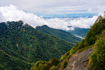 Forested mountains and clouds in Qabala Azerbaijan