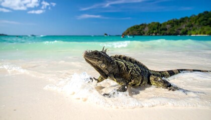 A large lizard rests on a sandy beach with gentle waves. Tropical foliage and a distant island create a vibrant backdrop