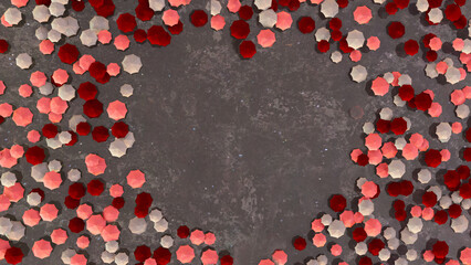 A multitude of red and white umbrellas form the shape of a heart.