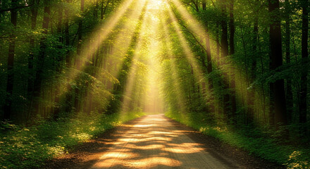 Fototapeta premium Golden sunlight streams through lush green forest trees, creating a stunning, ethereal woodland scene perfect for nature lovers and outdoor enthusiasts