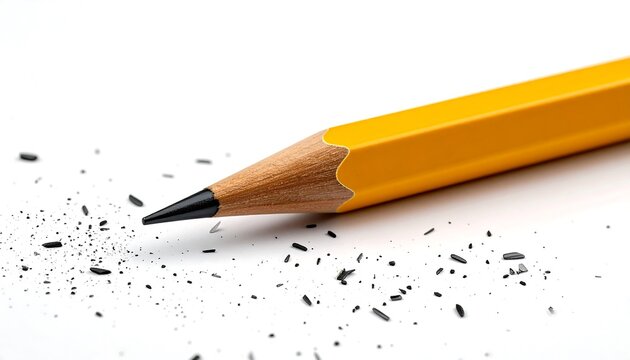 Close-up of a sharpened yellow pencil with graphite shavings - Powered by Adobe