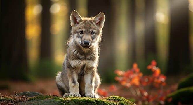 Cute Wolf Pup in Forest.