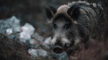 A wild boar with textured fur and a prominent snout stands in a bleak rocky environment with visible debris scattered around