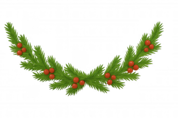 Festive pine garland featuring green branches and red berries, perfect for holiday decoration on a transparent background