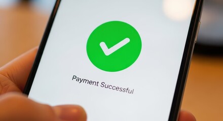 Payment successful confirmation on smartphone held in hand. Payment successful message displayed after online transaction, demonstrating ease of mobile banking.