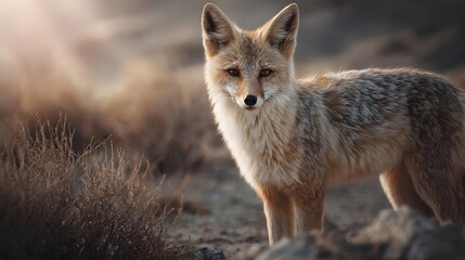 Fototapeta premium A desert fox stands alert in a dry sun drenched arid landscape with sparse vegetation