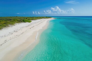 Pristine tropical beach with white sand, crystal-clear turquoise ocean, and lush green coastal vegetation under a bright blue sky with clouds.