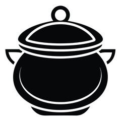 Black and white rendering presents a lidded cooking pot with handles, centered in the image