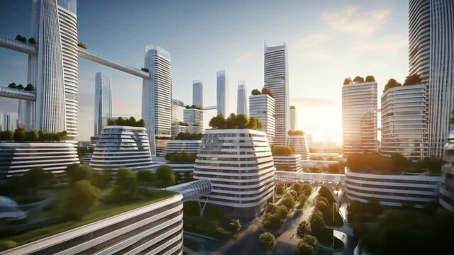 Witness Futuristic Cityscape: Sustainable Buildings & Elevated Walkways at Sunrise