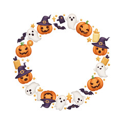 Circular Halloween Frame: Whimsical sticker design featuring pumpkins, ghosts, and bats