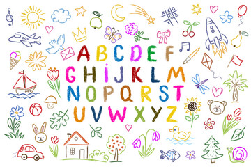 Set of decorative letters of the English alphabet and children's doodle drawings. Children's drawings with chalk or colored pencils on a chalkboard or asphalt. Vector all objects are isolated