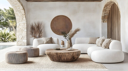 Modern outdoor furniture arrangement neutral tones natural textures