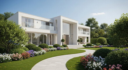 Stunning modern home with elegant landscaping and a serene garden path invites you to experience luxurious living and contemporary architectural design