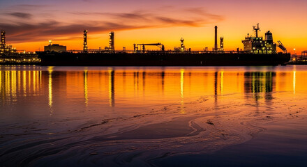 Stunning sunset illuminates oil tanker with beautiful reflections on the water creating a vibrant scene perfect for energy industry visuals