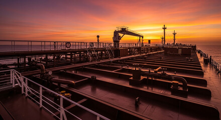 Stunning sunset view from industrial oil tanker ship sailing the open ocean, a vibrant and captivating scene of maritime transport at its finest