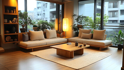 Modern wooden sofa living room interior design calm atmosphere indoor plants
