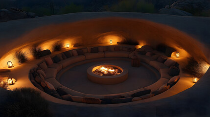 Circular earthen fire pit at night warm light and seating area