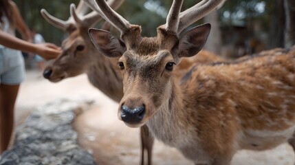 Obraz premium Close up of a deer with antlers while a person feeds another deer in a natural outdoor park setting