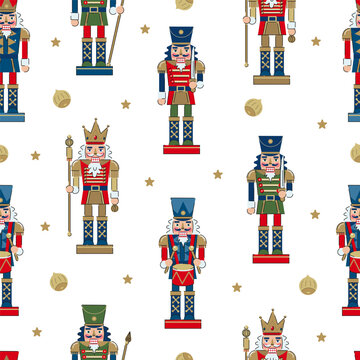 Nutcracker pattern with stars and nuts on white background. Festive Christmas wallpaper.