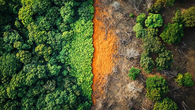 Aerial view of a lush green forest bordering a deforested area.