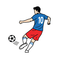 Athletic soccer player in blue jersey number ten and red shorts kicking ball isolated on white background