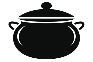 Black cooking pot has a closed lid and handles for carrying food easily